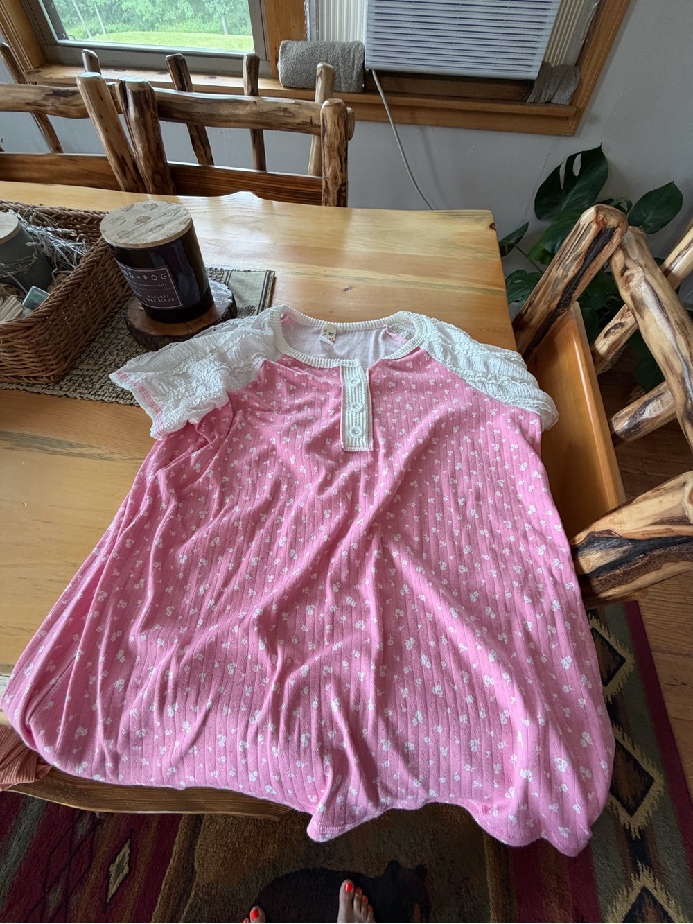 7th Ray Pink Floral Henley Nightgown with White Lace Trim